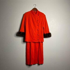 Vintage 60’s red orange skirt and blouse about a size xs fur cuffs by Alaron
